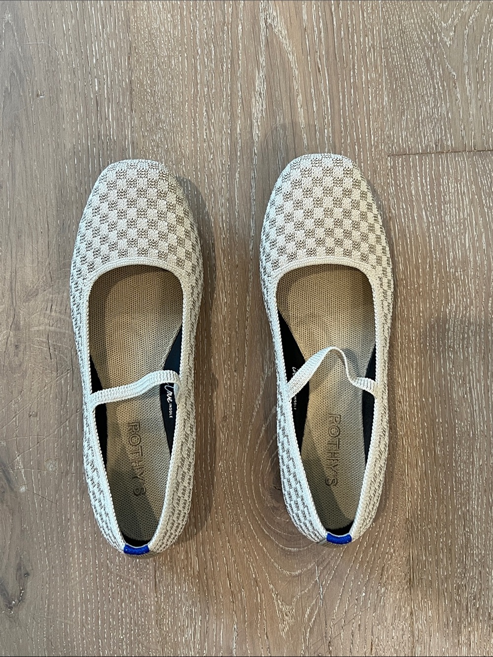 Rothy’s Tan and Crème Checker Slip-On Ballet Flats. Size 9.